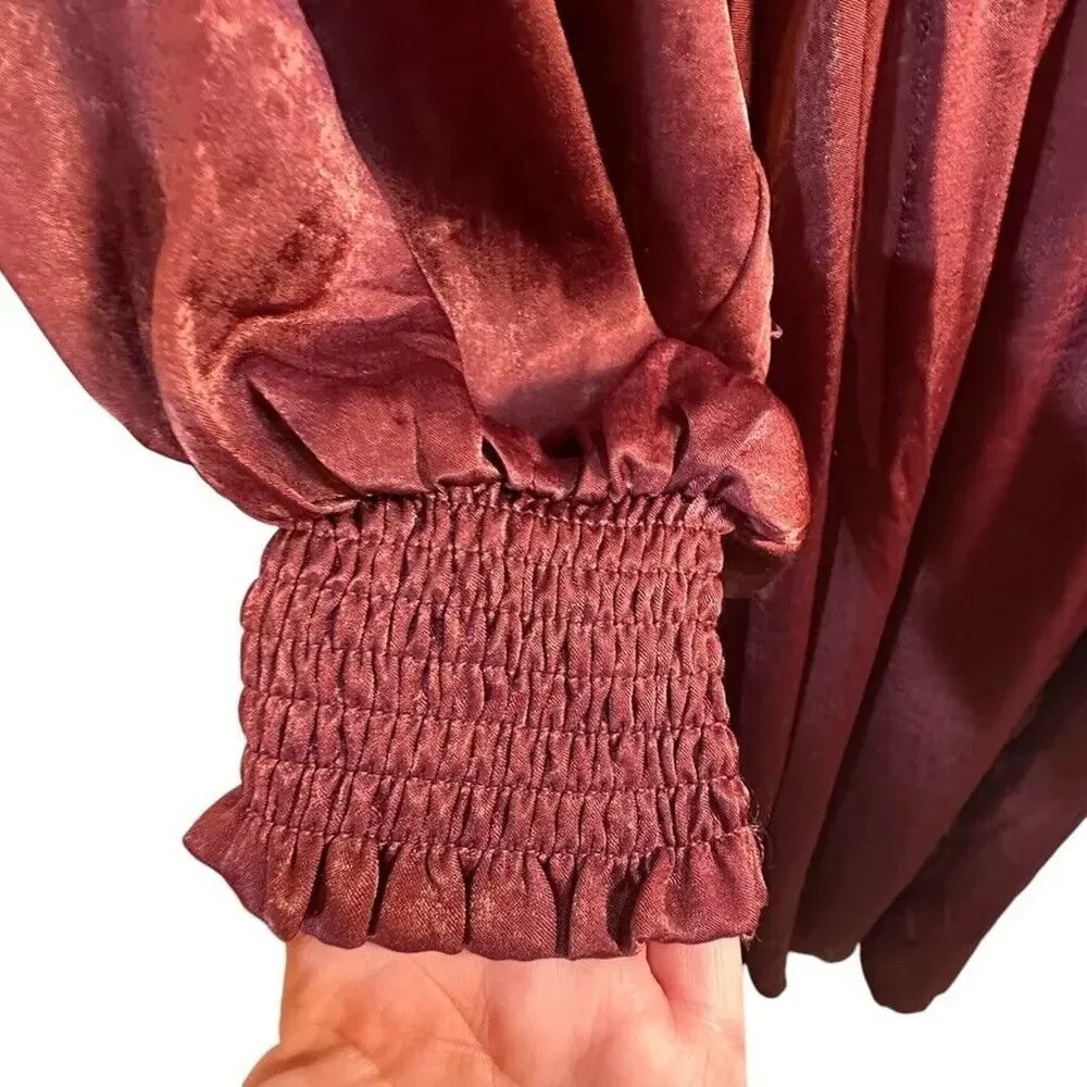 Umgee Long Maxi Satin Dress Womens S Burgundy Whimsigoth Ethereal Fairy Grunge - Picture 6 of 12